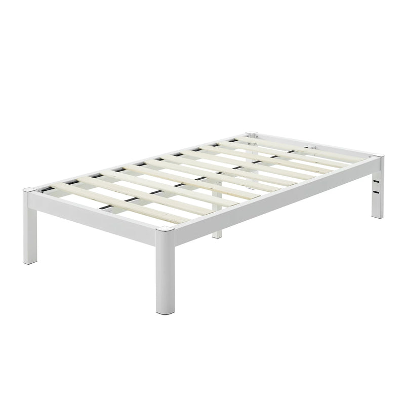 Mainstays Wood Slat Metal Platform Bed Frame with Wood Legs, White/Twin