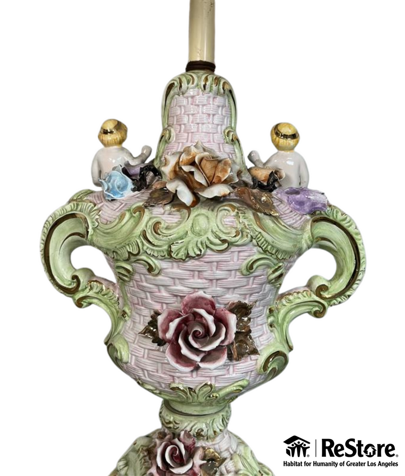 Mid-Century Antique Porcelain Cherub Floral Table Lamp