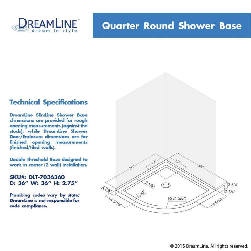 DreamLine SlimLine 36 x 36 Quarter Round Shower Floor, Corner