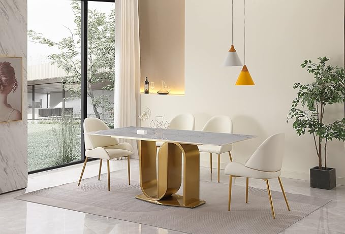 HomSof 71" Contemporary Dining Table with Sintered Stone Top and U-Shape Base - Gold