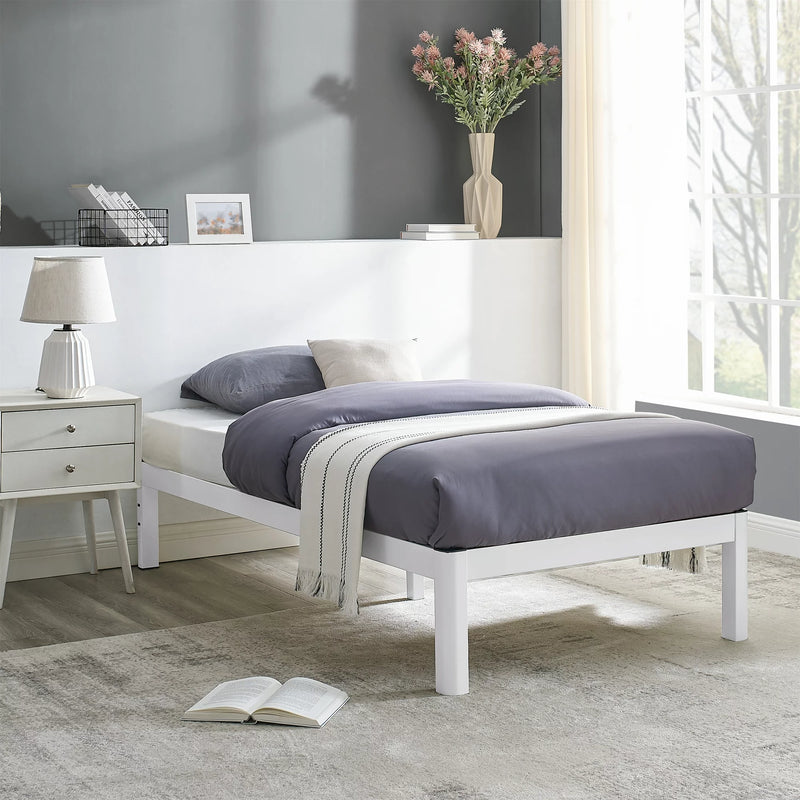 Mainstays Wood Slat Metal Platform Bed Frame with Wood Legs, White/Twin