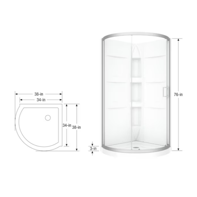 MAAX Guilford 3-Piece 38"W x 38"L x 76"H Round Corner Shower Kit (Center Drain) with Base