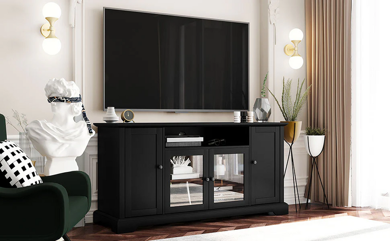 TV Stand for TV up to 65in with 2 Tempered Glass Doors Adjustable Panels Open Style Cabinet Black