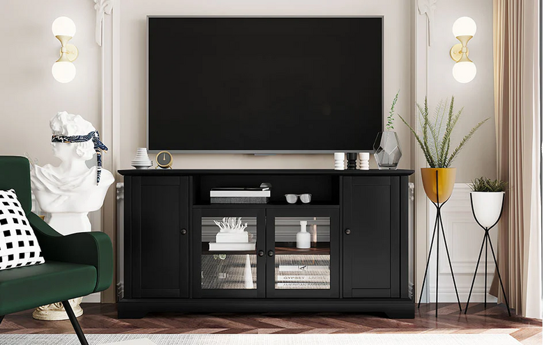 TV Stand for TV up to 65in with 2 Tempered Glass Doors Adjustable Panels Open Style Cabinet Black