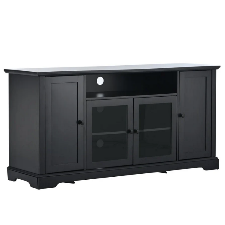 TV Stand for TV up to 65in with 2 Tempered Glass Doors Adjustable Panels Open Style Cabinet Black