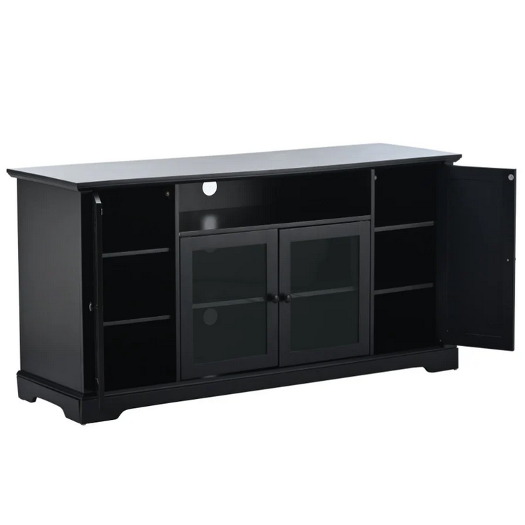 TV Stand for TV up to 65in with 2 Tempered Glass Doors Adjustable Panels Open Style Cabinet Black