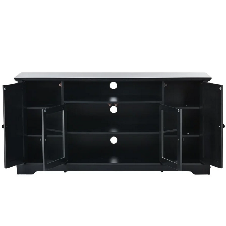 TV Stand for TV up to 65in with 2 Tempered Glass Doors Adjustable Panels Open Style Cabinet Black