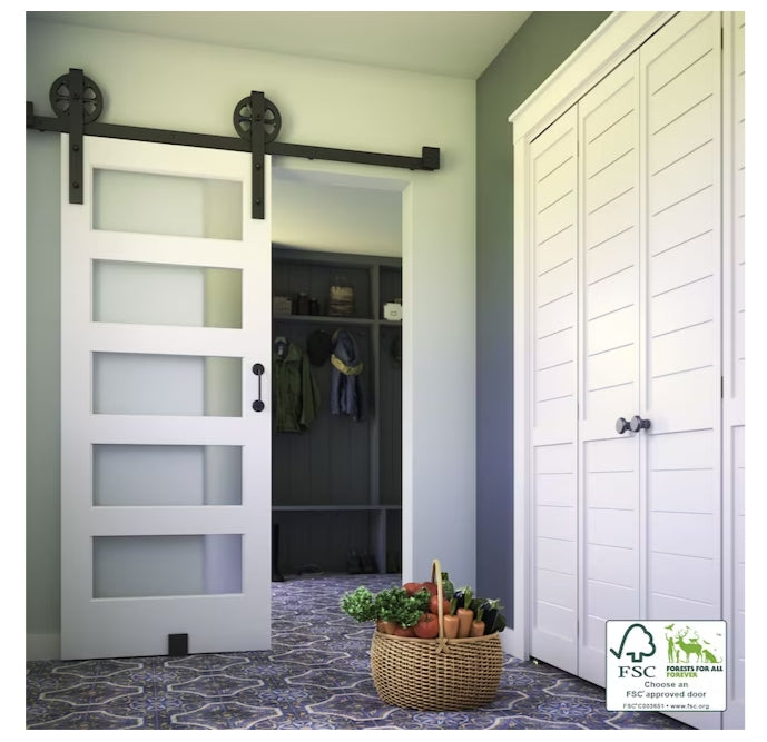 EightDoors 36-in x 96-in White Finished Frosted Glass Pine Wood Single Barn Door (Hardware Not Included)