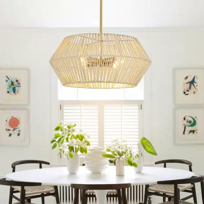 True Fine 4-Light Beige/Brass Chandelier Bohemian Hand Woven