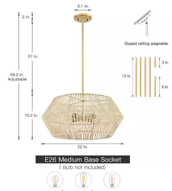 True Fine 4-Light Beige/Brass Chandelier Bohemian Hand Woven